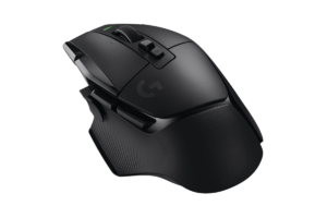 Black Logitech G502 X Lightspeed wireless gaming mouse with ergonomic thumb rest and programmable side buttons.