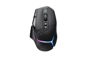 Black Logitech G502 X Plus wireless gaming mouse with RGB lighting and programmable buttons.