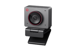 OBSBOT Meet 2 4K webcam with compact gray body, wide camera lens, and adjustable monitor mount.