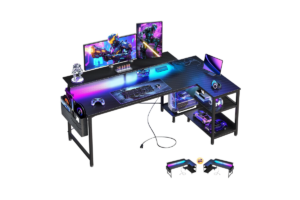 ODK 58-inch L-shaped gaming desk with RGB lighting, dual monitors, monitor shelf, storage shelves, PC stand, and gaming accessories.