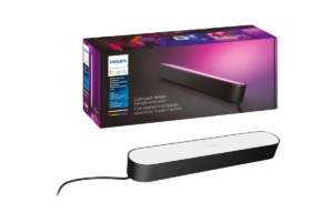 Philips Hue Play Light Bar Base Kit with compact smart RGB light bar and retail packaging for gaming and entertainment lighting.