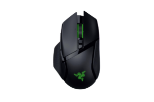 Black Razer Basilisk V3 Pro 35K wireless gaming mouse with green RGB lighting and textured side grips.