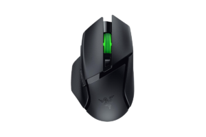 Black Razer Basilisk V3 X HyperSpeed wireless gaming mouse with green scroll wheel and textured side grips.