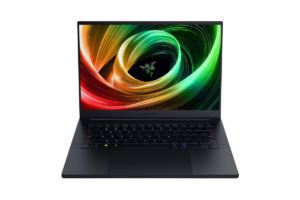 Razer Blade 14 gaming laptop with a 14-inch display, RGB backlit keyboard, premium aluminum chassis, and vibrant Razer wallpaper.