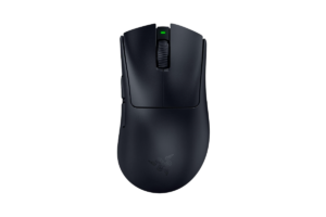 Black Razer DeathAdder V4 Pro wireless gaming mouse with scroll wheel and side buttons.