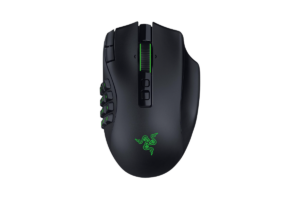Black Razer Naga V3 Pro gaming mouse with green RGB lighting and programmable side buttons.