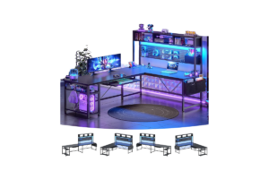 SEDETA 67-inch L-shaped gaming desk with hutch, pegboard, RGB lighting, storage shelves, monitor setup, and reversible corner design.