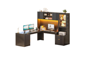SEDETA 67 x 65-inch L-shaped desk with hutch, LED lighting, storage cabinets, display shelves, and dual-monitor workspace.