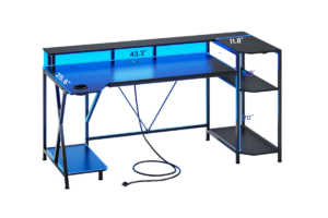 SEDETA 55-inch gaming desk with dual monitors, RGB lighting, storage shelves, and PC setup