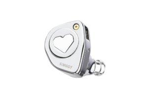 Close-up of a silver SIMGOT EW300 in-ear monitor showing its metal housing and faceplate.