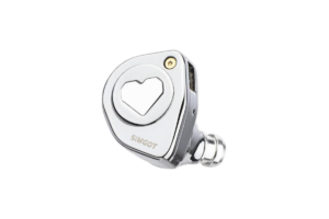 Close-up of a silver SIMGOT EW300 in-ear monitor showing its metal housing and faceplate.