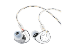 SIMGOT EW300 in-ear monitors with silver earpieces, silicone ear tips, and detachable cables.