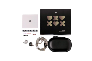 SIMGOT EW300 IEM package contents with earpieces, cable, carrying case, ear tips, tuning nozzles, and box.