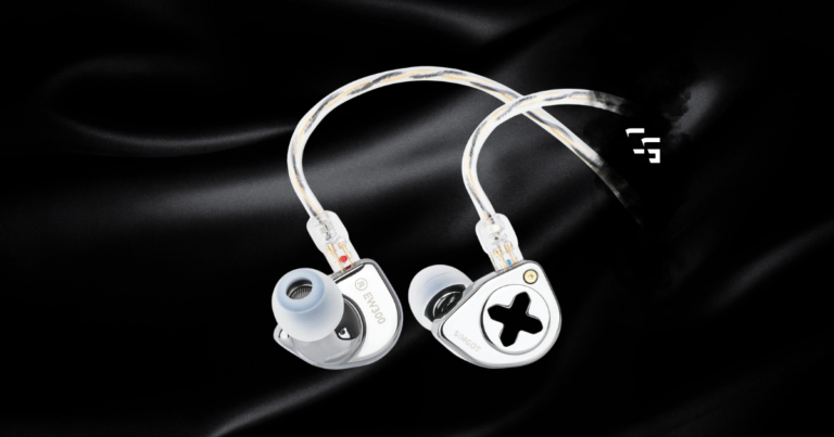 SIMGOT EW300 silver in-ear monitors displayed on a black satin background.