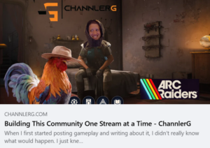 ARC Raiders gameplay graphic with a ChannlerG streamer and cowboy-hat chicken for a community-building article.