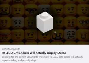 White LEGO brick over a background of LEGO minifigure faces for an adult LEGO gift guide.