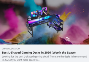 L-shaped gaming desk with RGB lighting, dual monitors, storage shelves, and gaming accessories