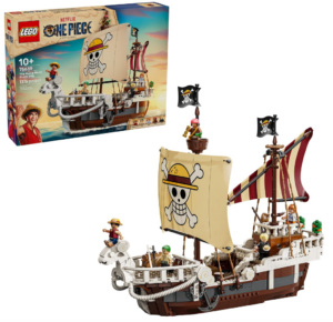 LEGO One Piece Going Merry pirate ship set with box and Luffy minifigure.