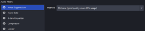 OBS noise suppression filter set to RNNoise with the full microphone filter chain visible