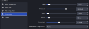 OBS compressor settings showing a 3:1 ratio, -18 dB threshold, and -3.9 dB output gain