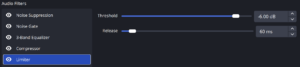OBS limiter settings showing a -6 dB threshold and 60 ms release time