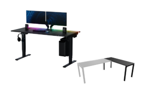 Secretlab MAGNUS Pro XL electric standing desk with dual monitors, RGB lighting, cable management, PC mount, and adjustable sit-stand frame.