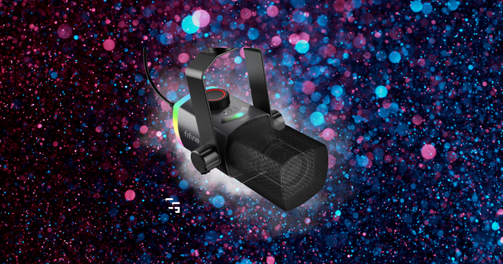 FIFINE AM8 dynamic gaming microphone with RGB lighting against a pink and blue bokeh background.