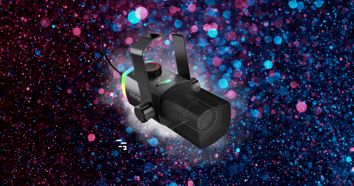 FIFINE AM8 dynamic gaming microphone with RGB lighting against a pink and blue bokeh background.
