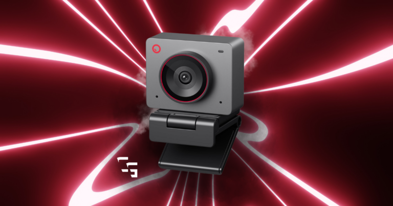 OBSbot Meet 2 webcam on a red neon gaming background.