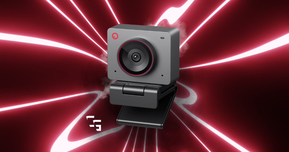 OBSbot Meet 2 webcam on a red neon gaming background.
