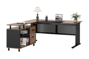 Tribesigns 63-inch executive L-shaped desk with storage shelves, drawers, and a spacious wood and black office workstation.
