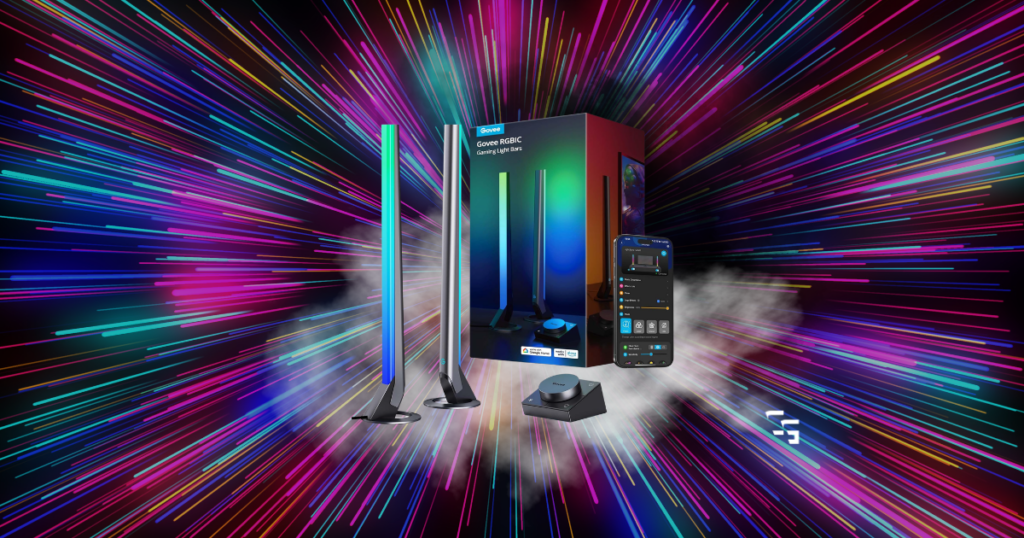 Govee RGBIC Gaming Light Bars with app control displayed on a colorful neon burst background for gaming room RGB lighting.