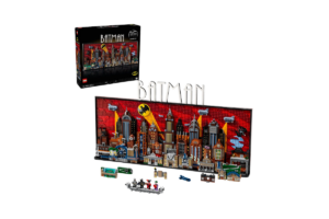 LEGO Batman: The Animated Series Gotham City skyline set featuring a detailed brick-built cityscape with the Bat-Signal, hidden scenes, minifigures, and retail box.