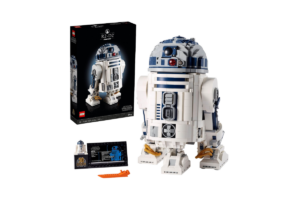 LEGO Star Wars R2-D2 set featuring a detailed brick-built R2-D2 model with a display plaque, exclusive minifigure, accessories, and retail packaging.