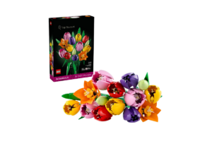 LEGO Botanicals Tulip Bouquet set featuring colorful brick-built tulips and flowers with the retail packaging.