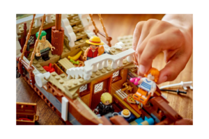 LEGO One Piece Going Merry 75639 interior with Luffy, Zoro, Sanji, and Nami minifigures