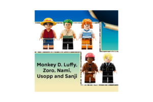 LEGO One Piece Going Merry 75639 minifigures of Luffy, Zoro, Nami, Usopp, and Sanji