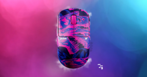 Pulsar X2 CrazyLight gaming mouse on a pink and blue background