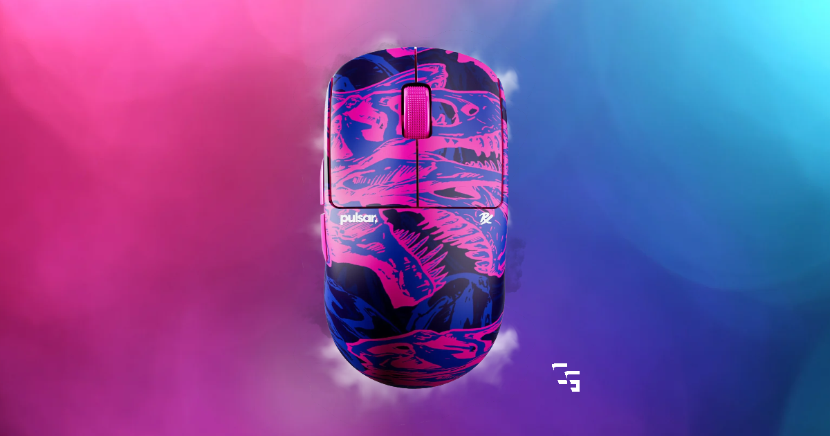Pulsar X2 CrazyLight gaming mouse on a pink and blue background