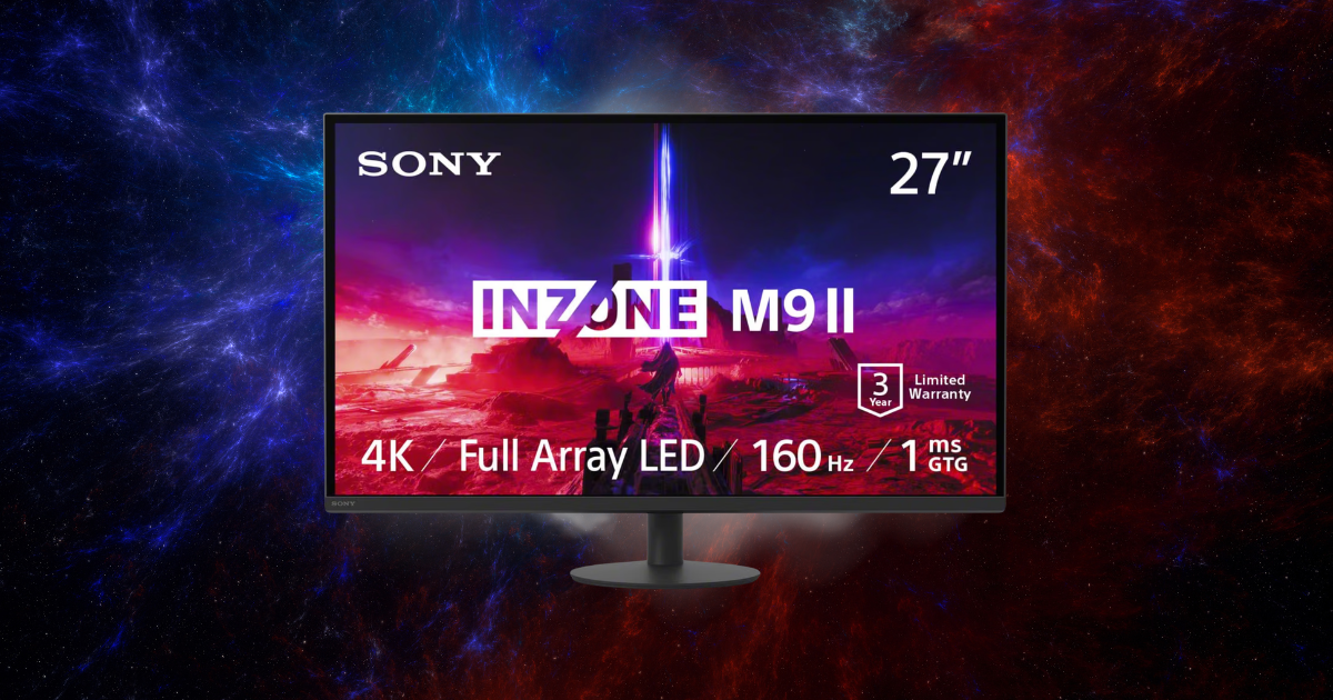 Sony INZONE M9 II 27-inch 4K 160Hz gaming monitor on a blue and red background