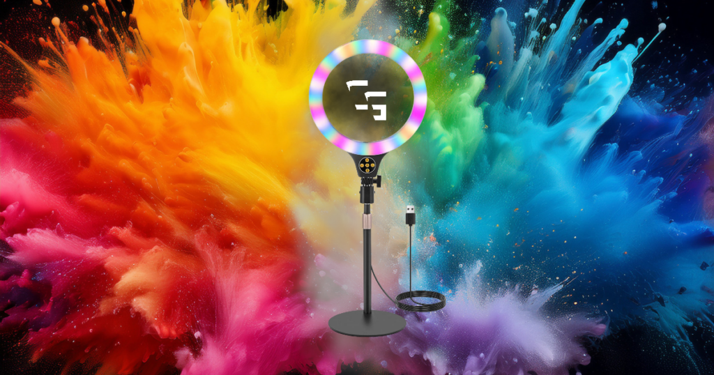 RGB ring light for streaming on a colorful red, orange, blue, and green background