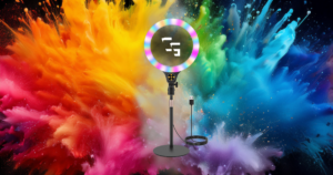 RGB ring light for streaming on a colorful red, orange, blue, and green background