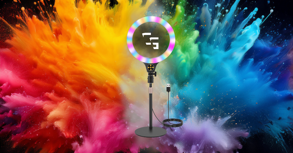 RGB ring light for streaming on a colorful red, orange, blue, and green background