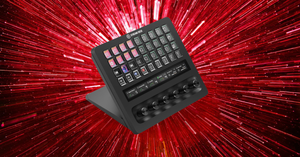 Elgato Stream Deck Studio on a red digital burst background