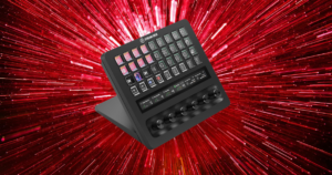 Elgato Stream Deck Studio on a red digital burst background