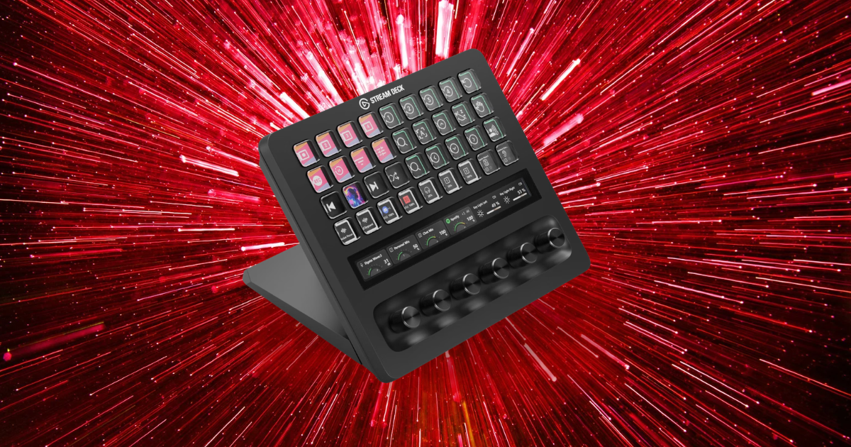 Elgato Stream Deck Studio on a red digital burst background