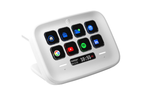 White Elgato Stream Deck Neo with eight customizable LCD keys and information display