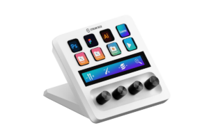 White Elgato Stream Deck + with customizable LCD keys, touch strip, and four control dials
