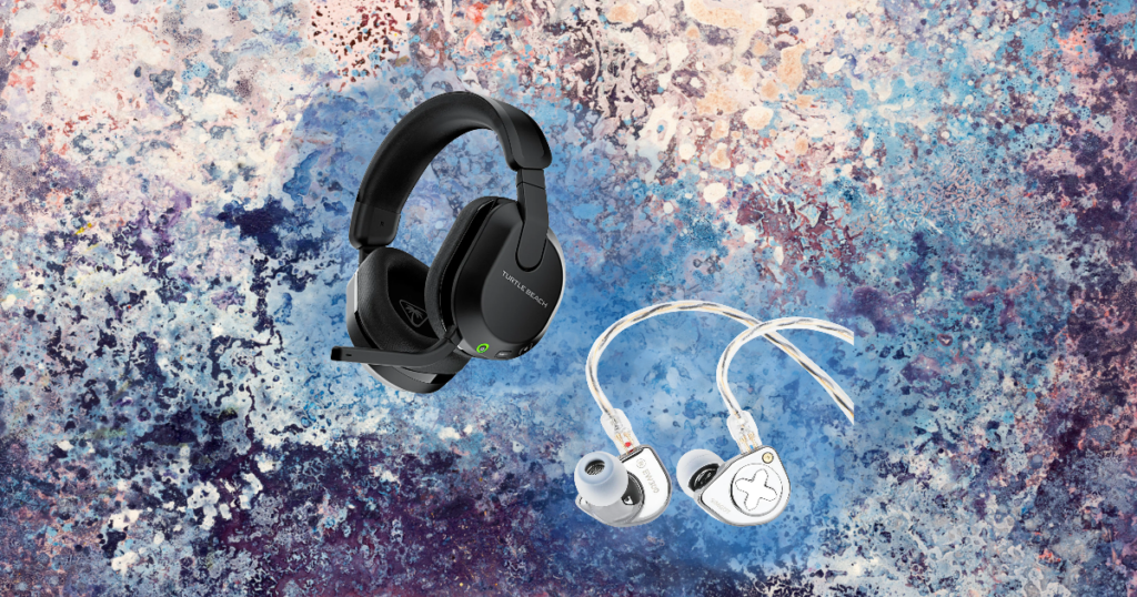 Turtle Beach gaming headset and SIMGOT EW300 IEMs compared on a blue abstract background