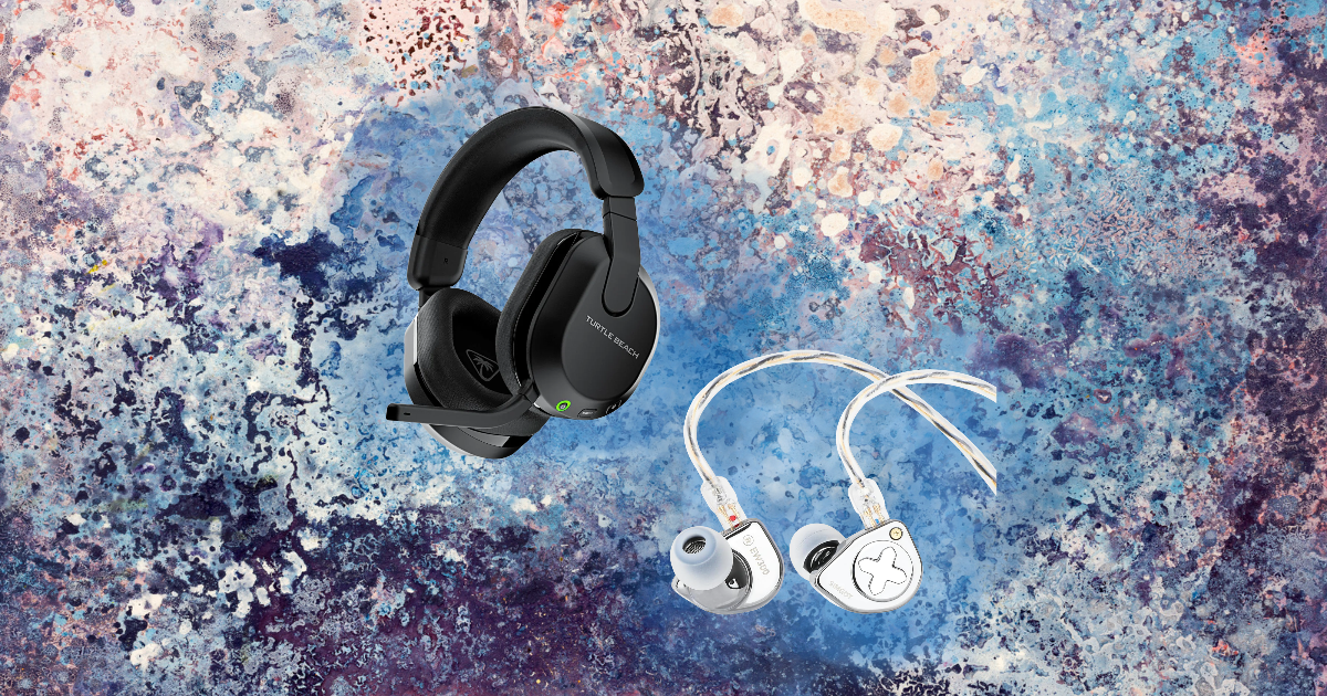 Turtle Beach gaming headset and SIMGOT EW300 IEMs compared on a blue abstract background